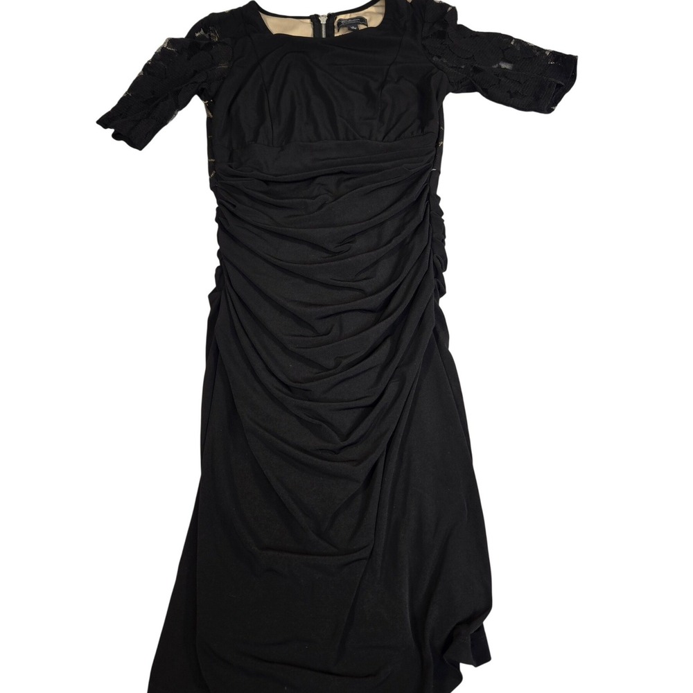 Dressbarn Collection Black Lace Ruched Cocktail Dress Size 4 Floral Sleeve Zip